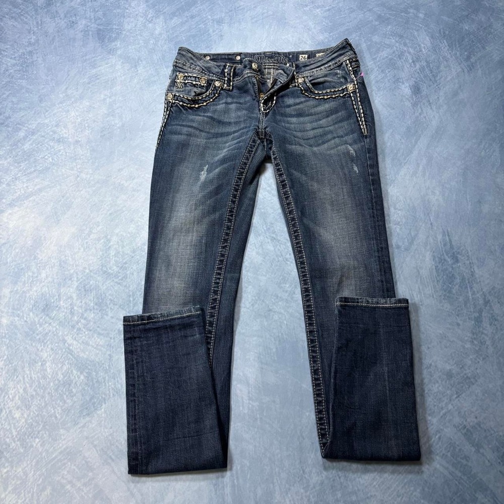 Miss Me blue bootcut jeans with studs and rhinestones, Size: 26"